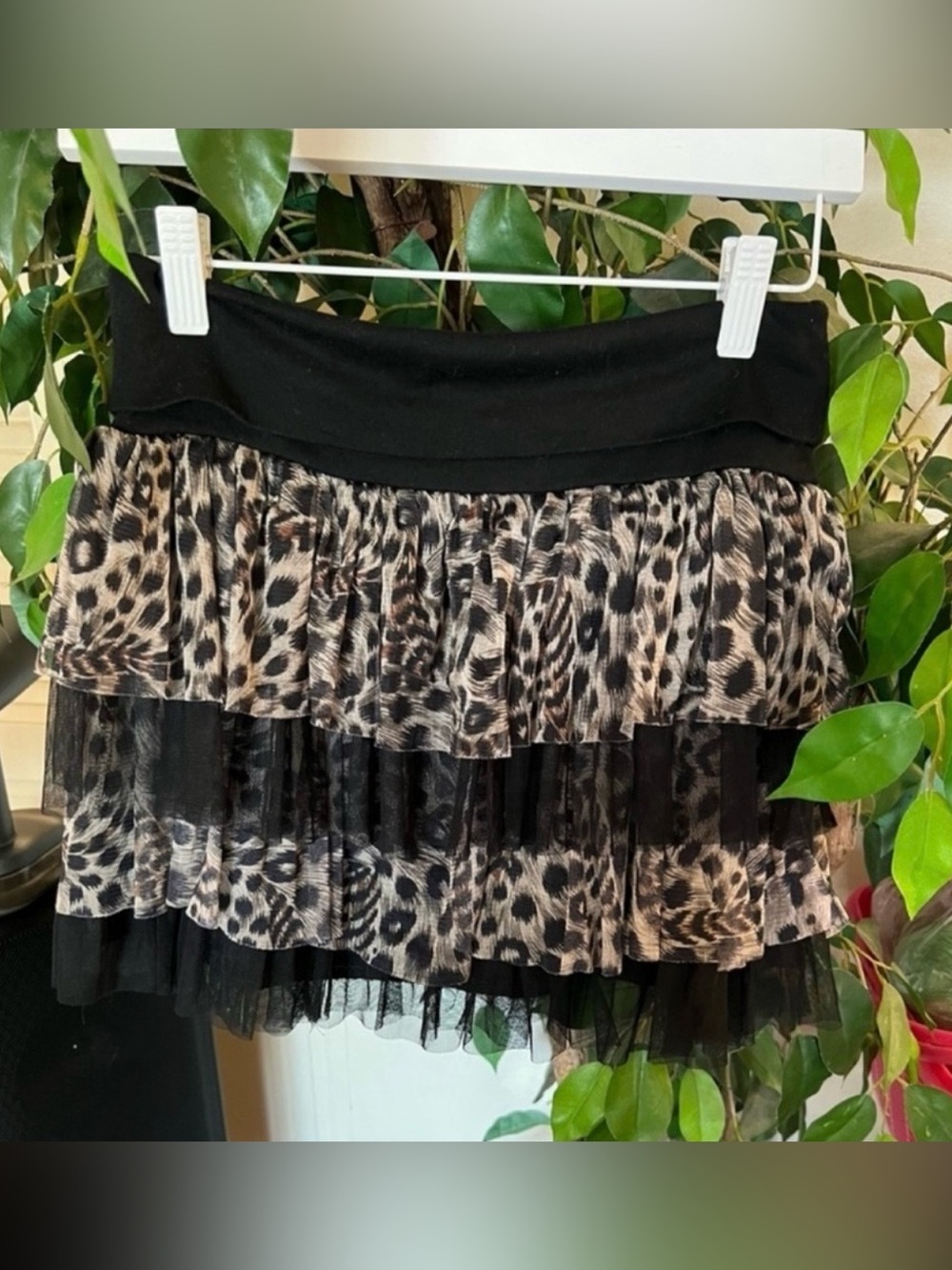 Rachael & Chloe Y2k Black and Beige Leopard Tiered Mini Skirt